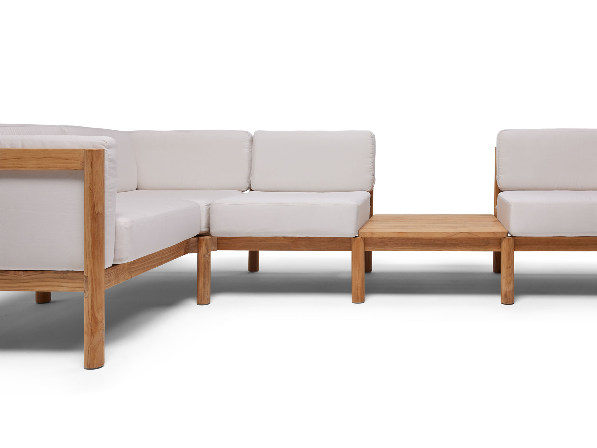 Front angle view of wooden outdoor side table